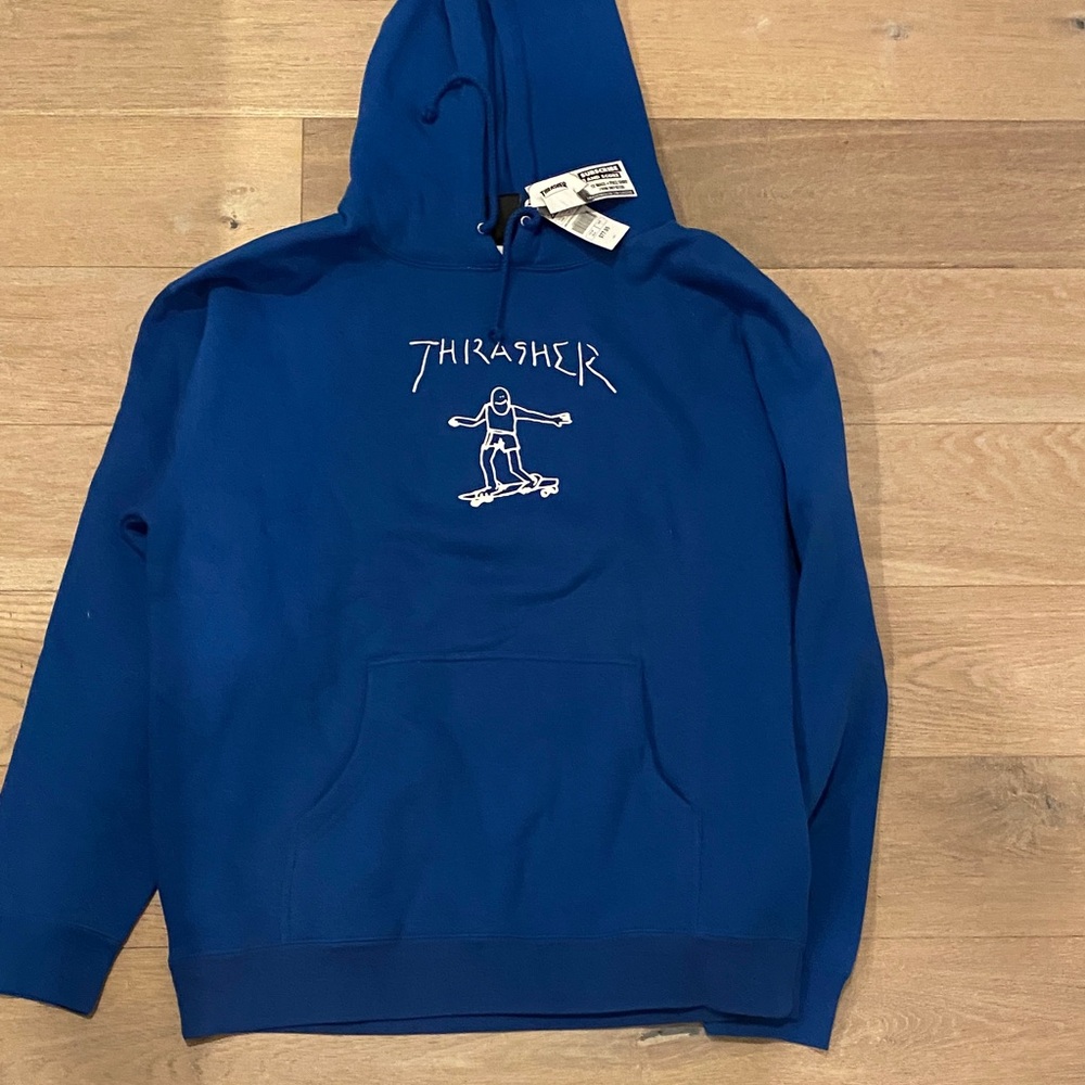 Thrasher Royal Blue Hoodie with Skater Design